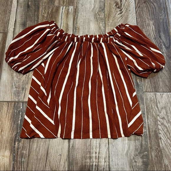 ANTHROPOLOGIE Elodie Terracotta & White Stripe Off the Shoulder Top - Picture 2 of 4
